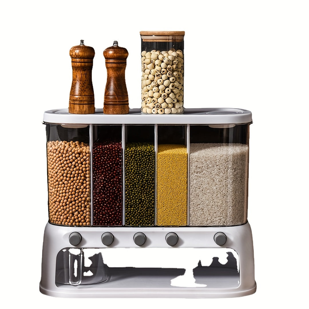 White multi-compartment grain dispenser with clear storage sections and pull-out container