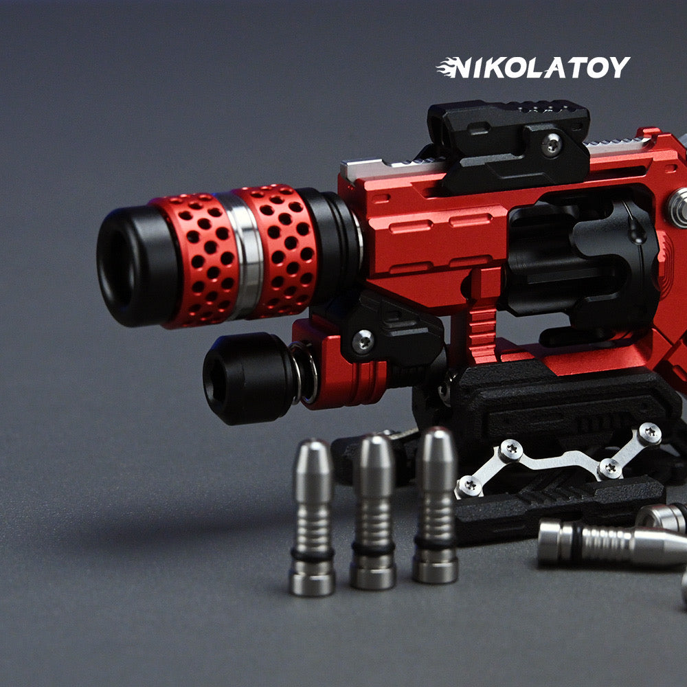Red and black revolver-style fidget toy with silver pieces