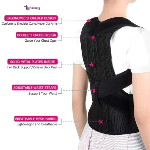 Black adjustable posture support belt with shoulder straps and mesh back panels
