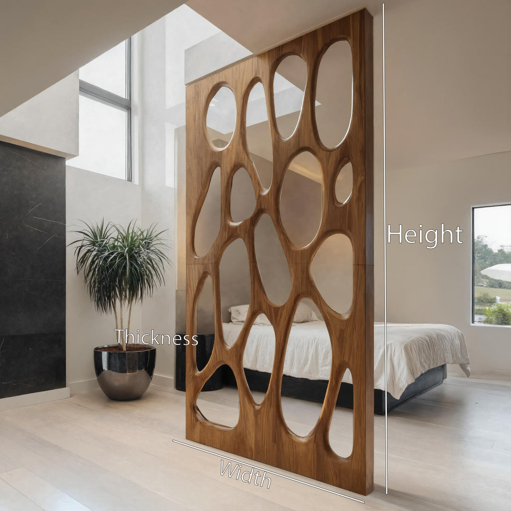 Tall room divider panel with organic cut-out openings and wood-effect finish
