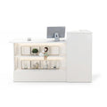Modern reception desk with open shelving, cable management and raised transaction counter