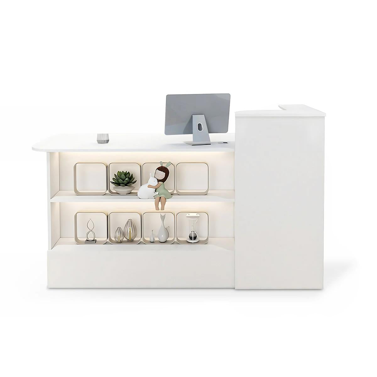 Modern reception desk with open shelving, cable management and raised transaction counter
