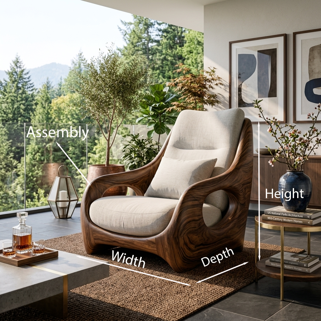 Organic curved armchair with sculpted frame and upholstered seat