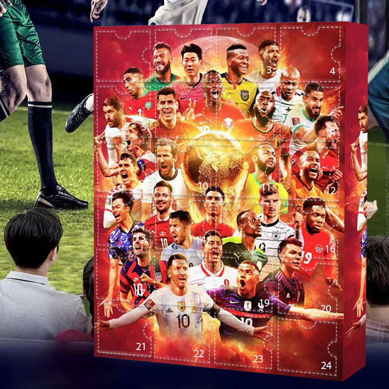 Red football advent calendar with 24 numbered doors and player graphics