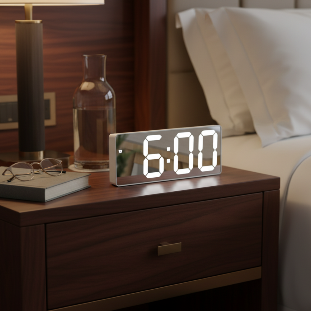 Digital alarm clock with LED time and temperature display on a bedside table