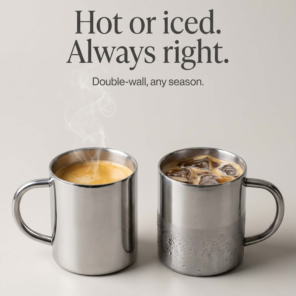 Glossy silver double-layer stainless steel cup with curved handle