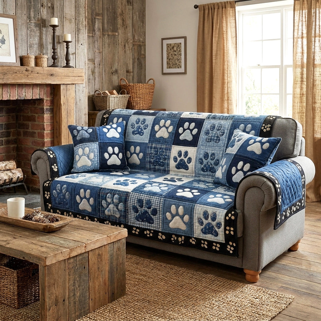 Blue quilted sofa cover with paw print patchwork panels