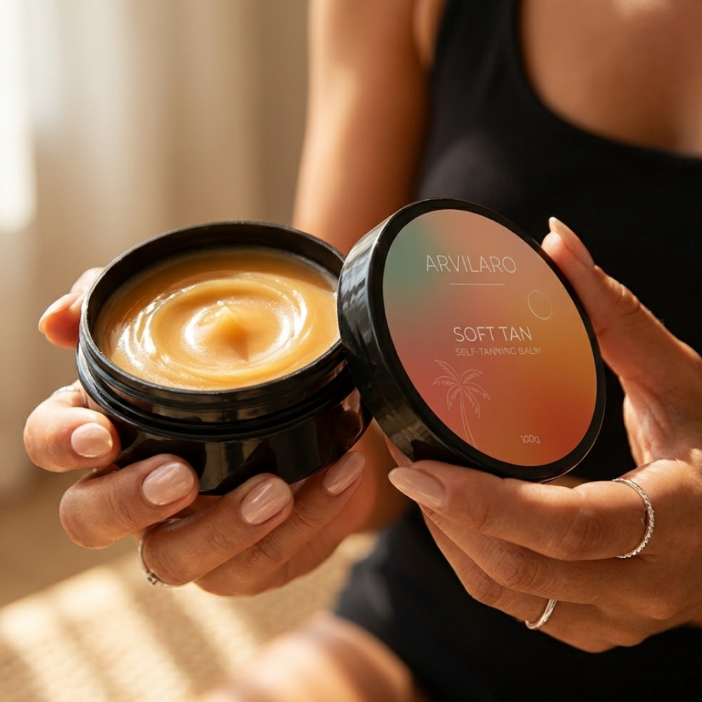 Black Soft Tan self-tanning balm jar with amber balm