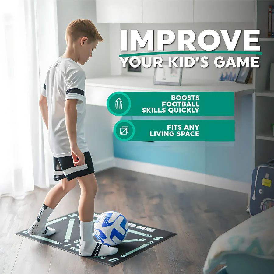 Black football training mat with turquoise arrows and numbered footwork positions