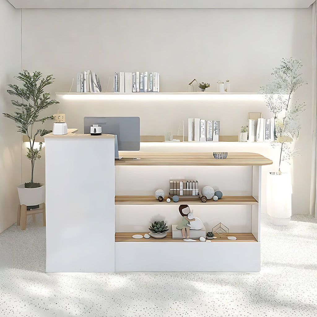 Modern reception desk with open shelving, cable management and raised transaction counter