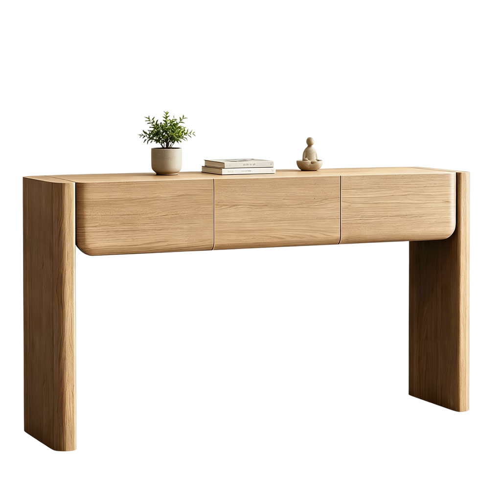 Brown wood-effect console table with three curved-front drawers