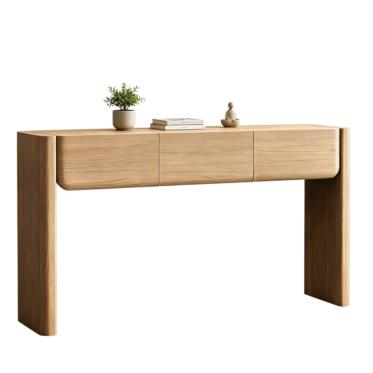 Brown wood-effect console table with three curved-front drawers