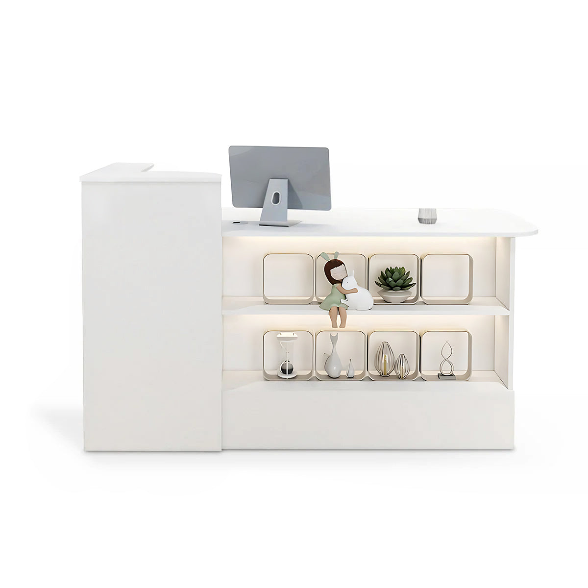 Modern reception desk with open shelving, cable management and raised transaction counter