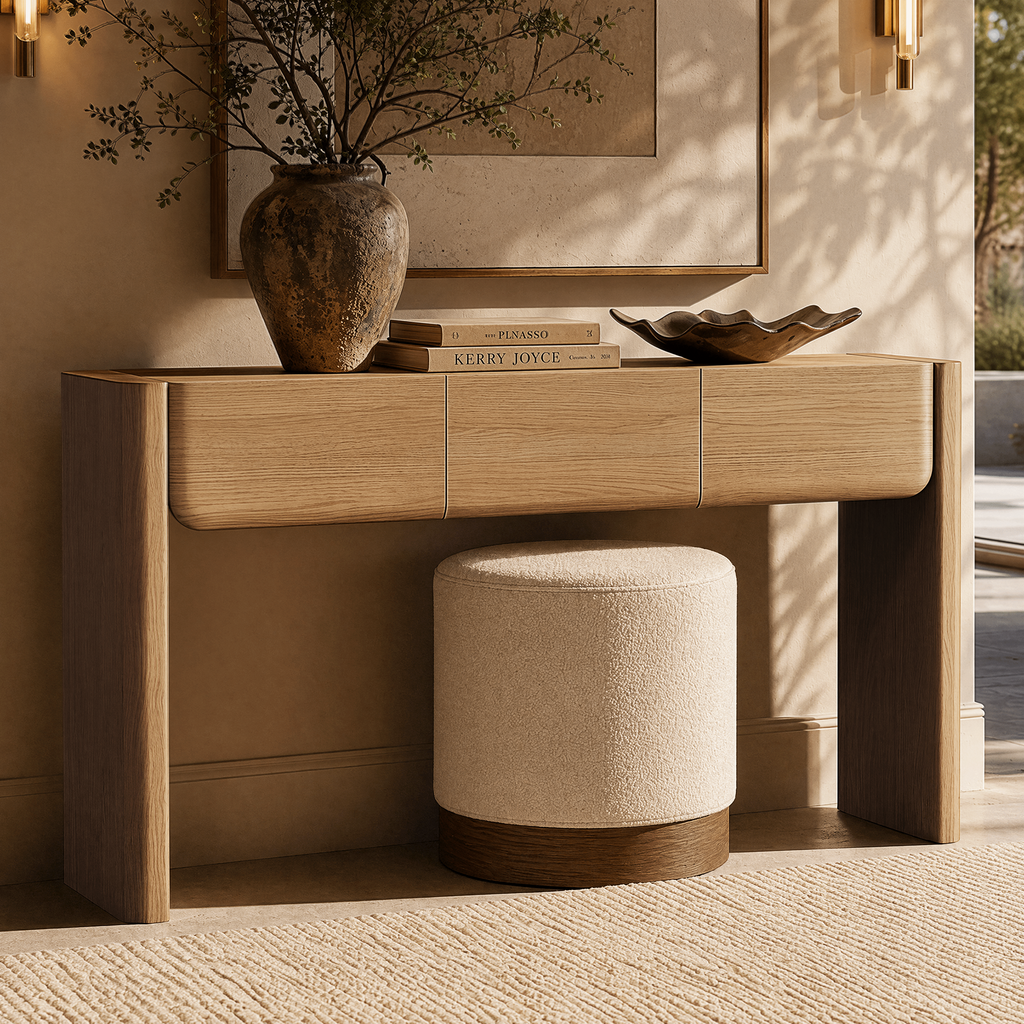 Brown wood-effect console table with three curved-front drawers
