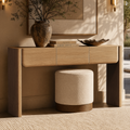 Brown wood-effect console table with three curved-front drawers