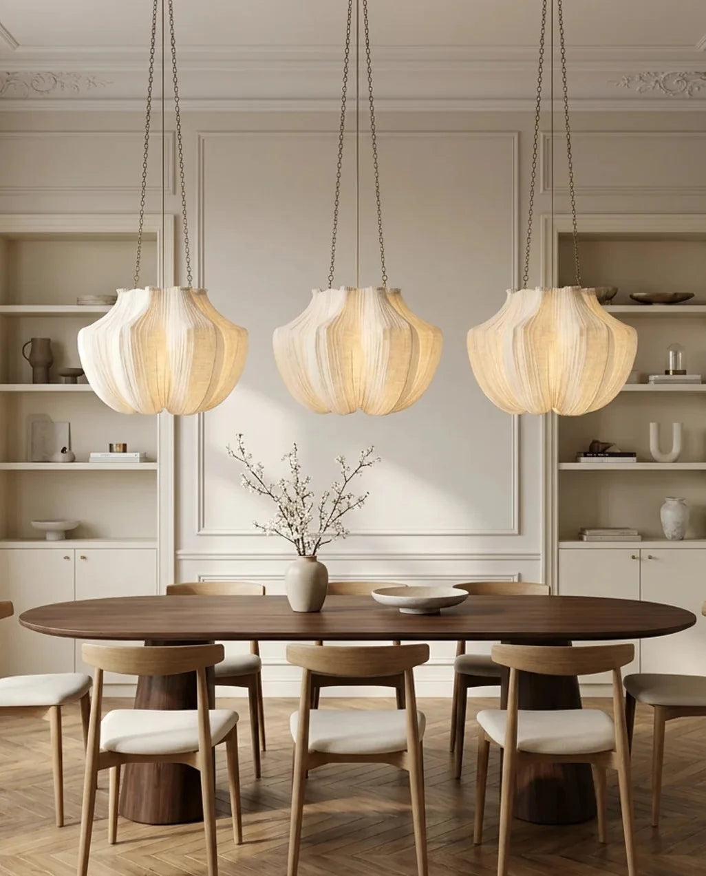 Beige pleated pendant ceiling light with chain suspension