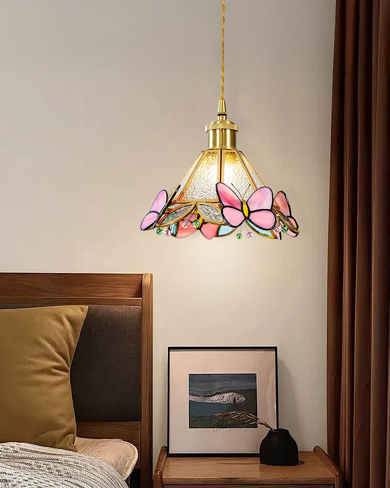 Butterfly stained glass cone pendant light with gold-tone hanging fitting