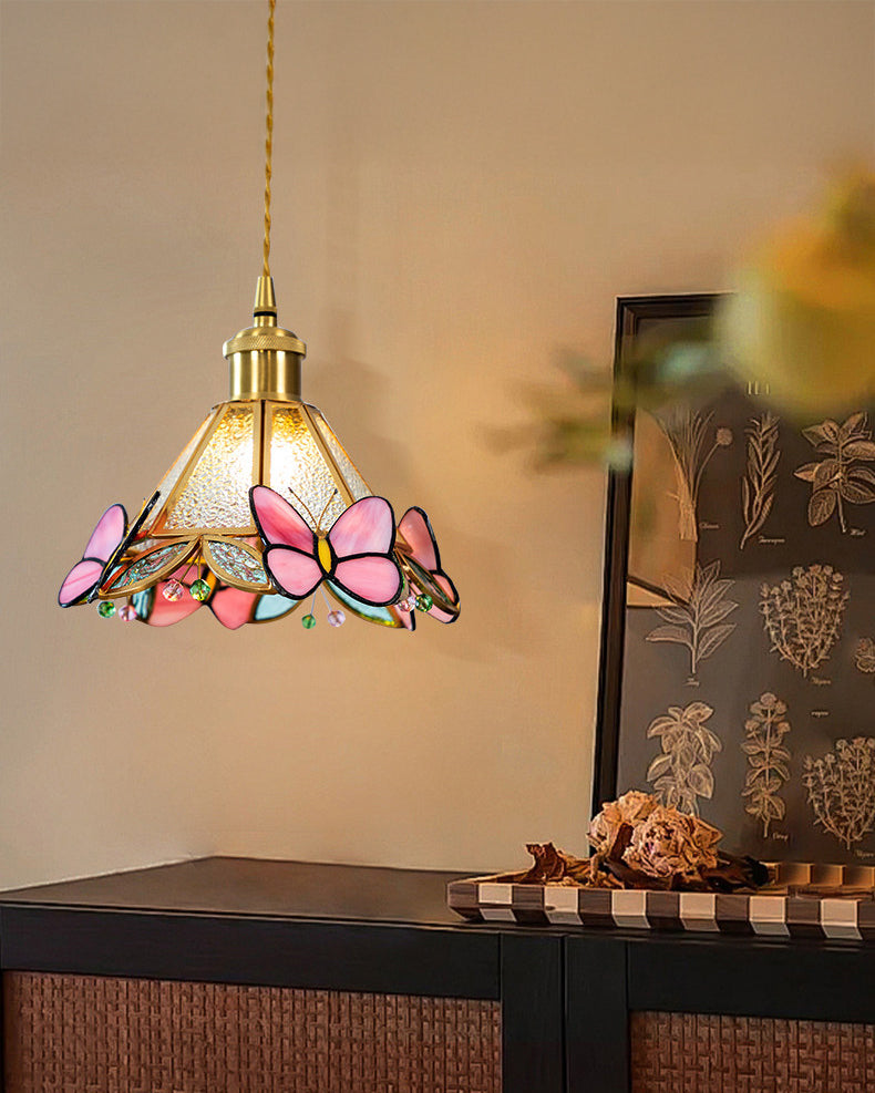 Butterfly stained glass cone pendant light with gold-tone hanging fitting
