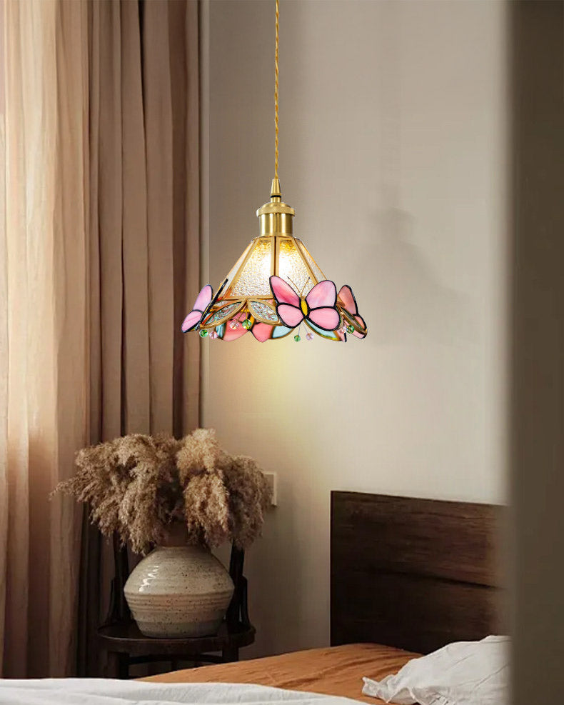 Butterfly stained glass cone pendant light with gold-tone hanging fitting