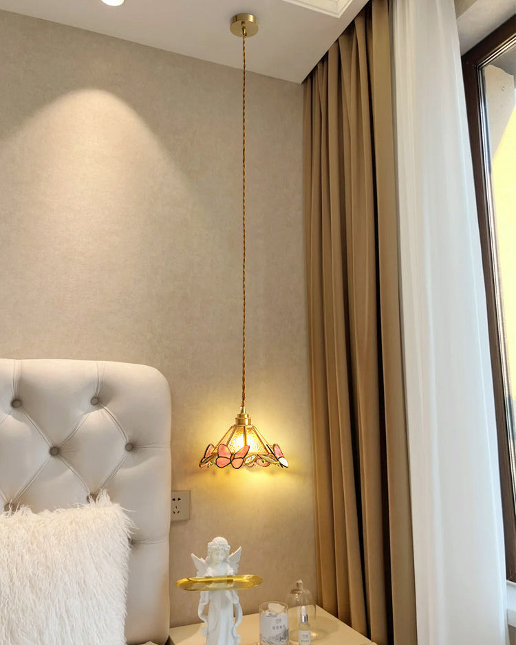 Butterfly stained glass cone pendant light with gold-tone hanging fitting