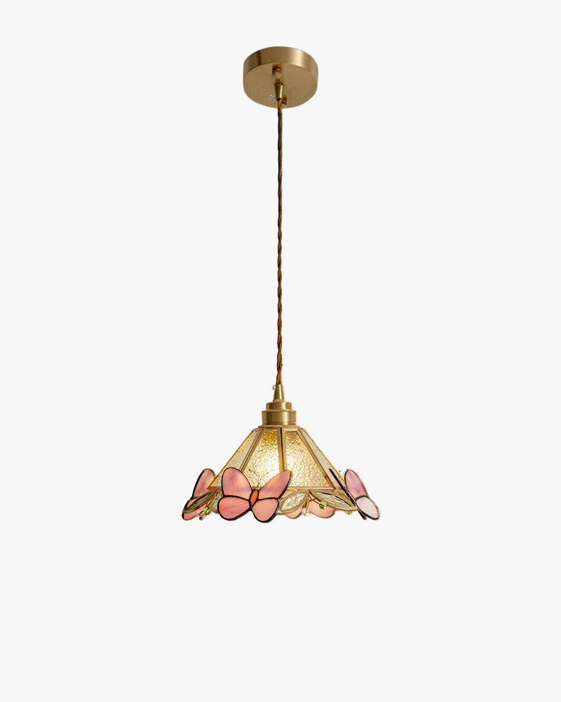Butterfly stained glass cone pendant light with gold-tone hanging fitting