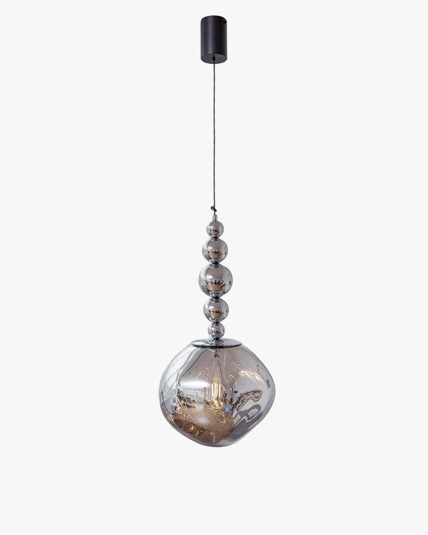 Hanging pendant light with smoked glass shade and silver spherical detailing