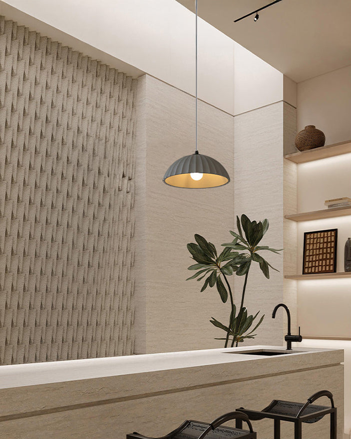Pleated dome pendant light with hanging cable and ceiling canopy