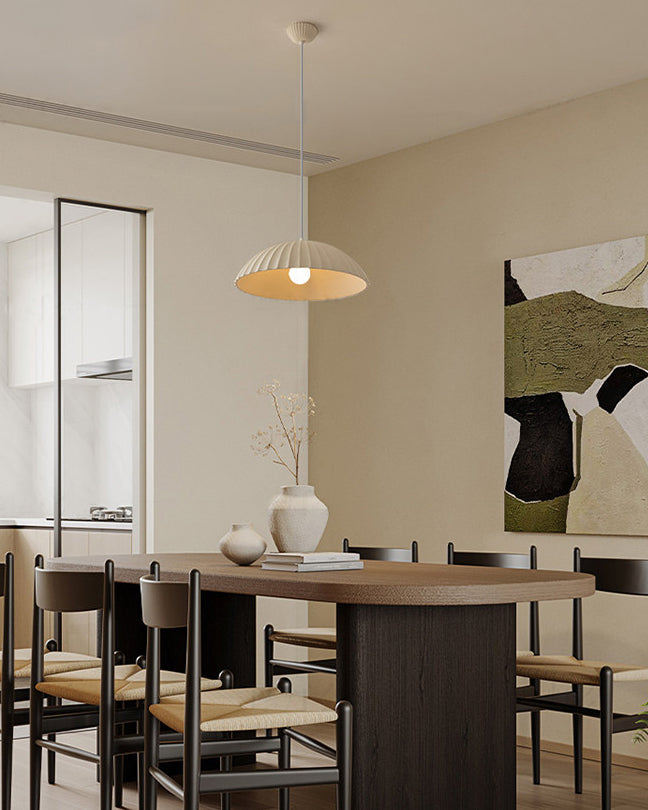 Pleated dome pendant light with hanging cable and ceiling canopy
