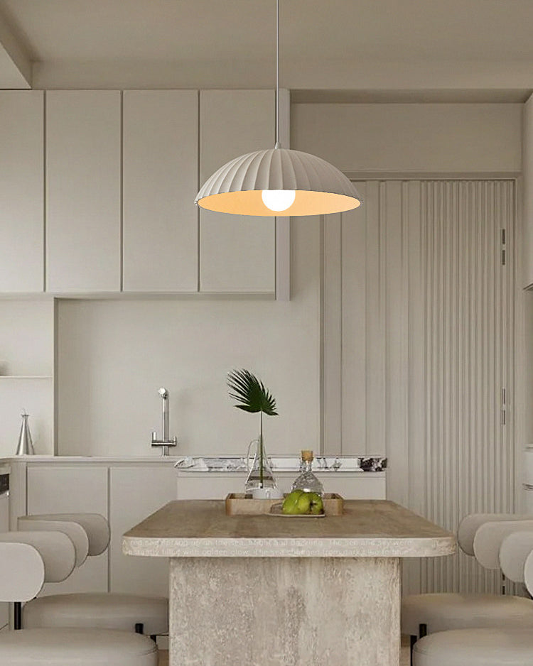 Pleated dome pendant light with hanging cable and ceiling canopy