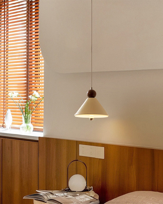 Beige cone pendant light with wooden effect detail and chrome ceiling fitting