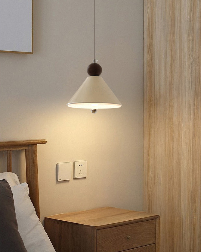 Beige cone pendant light with wooden effect detail and chrome ceiling fitting