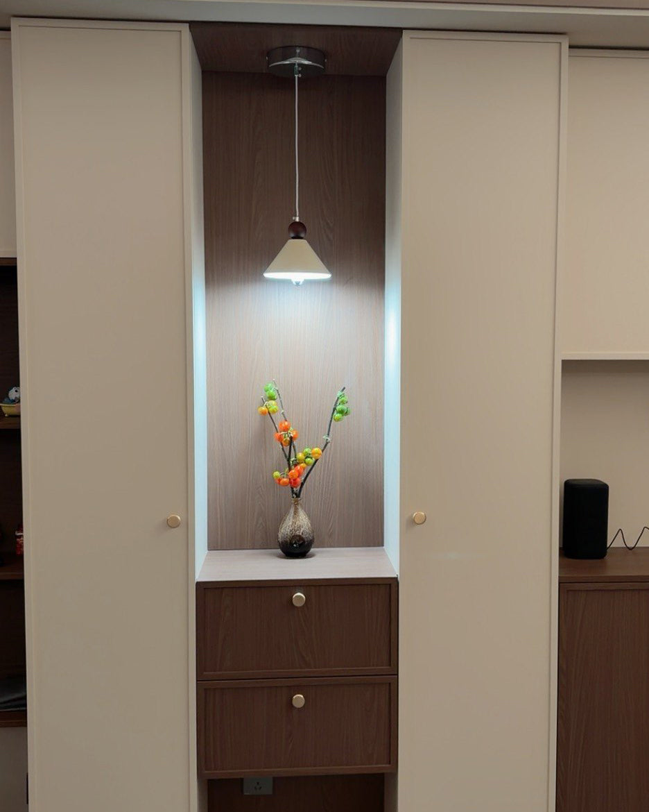 Beige cone pendant light with wooden effect detail and chrome ceiling fitting