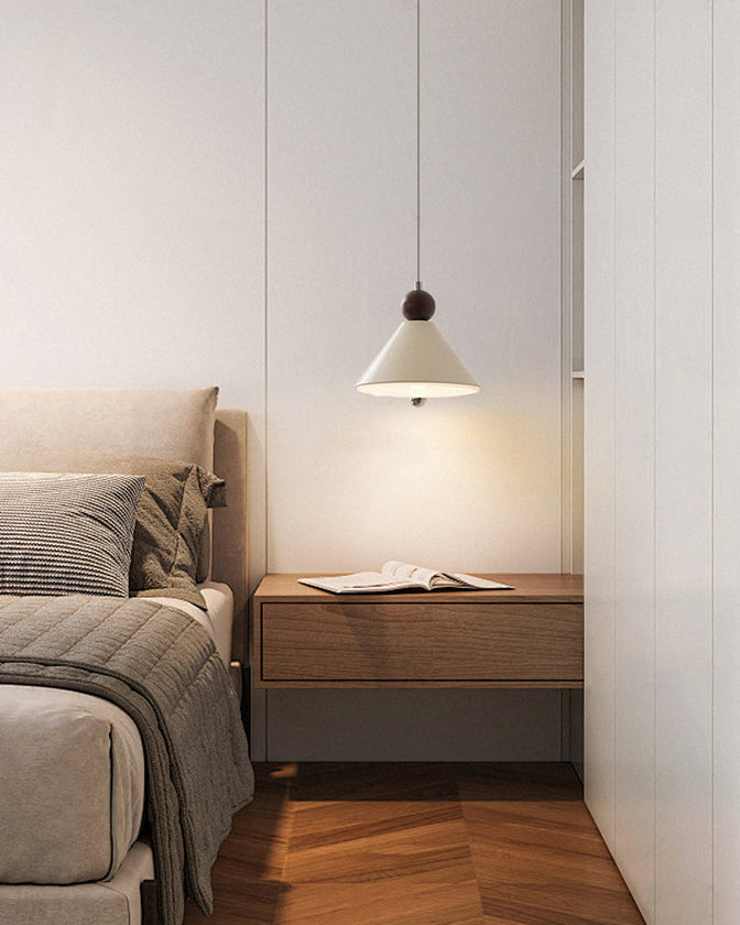Beige cone pendant light with wooden effect detail and chrome ceiling fitting