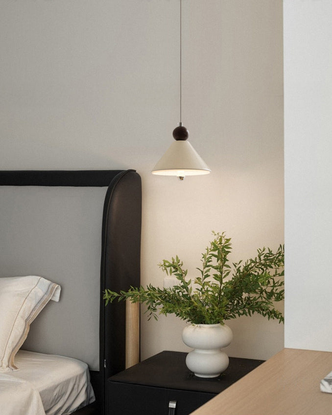 Beige cone pendant light with wooden effect detail and chrome ceiling fitting