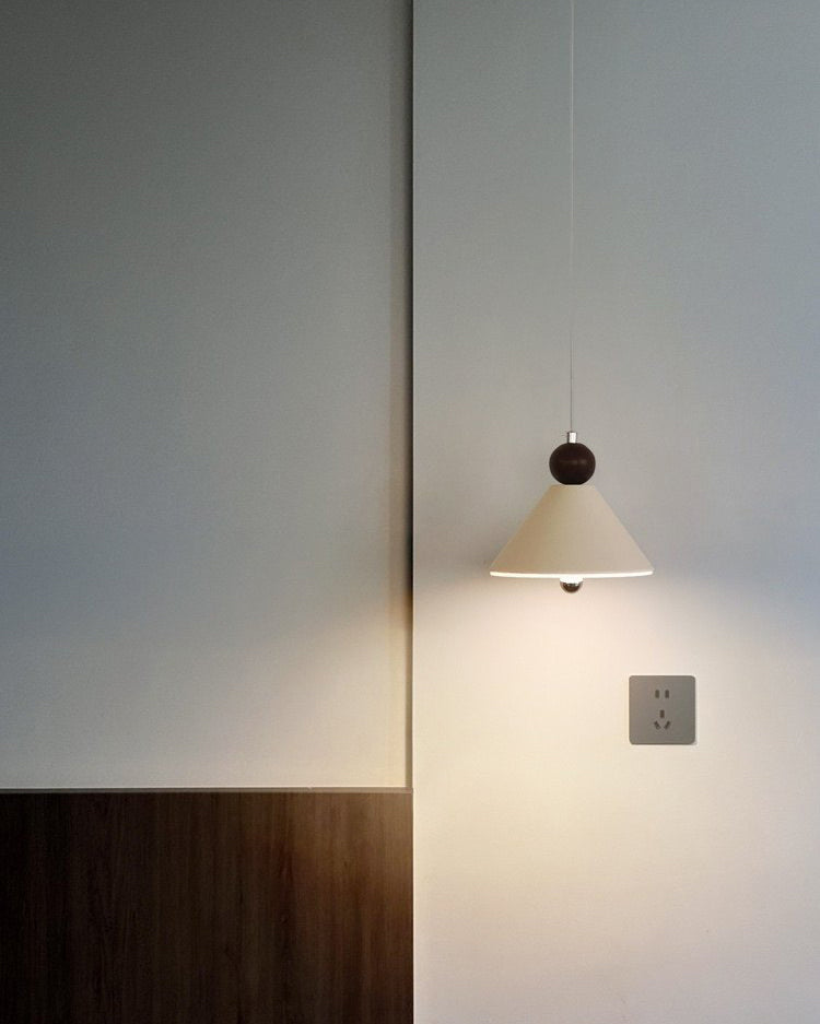 Beige cone pendant light with wooden effect detail and chrome ceiling fitting