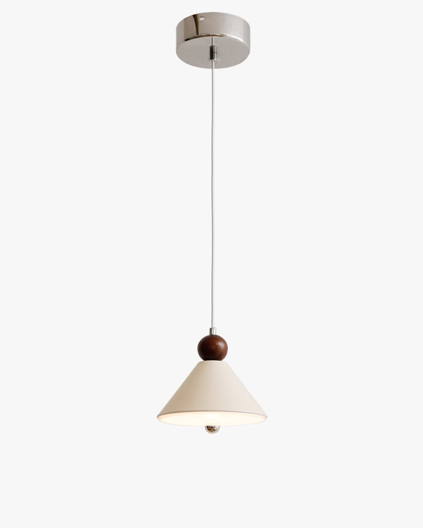 Beige cone pendant light with wooden effect detail and chrome ceiling fitting