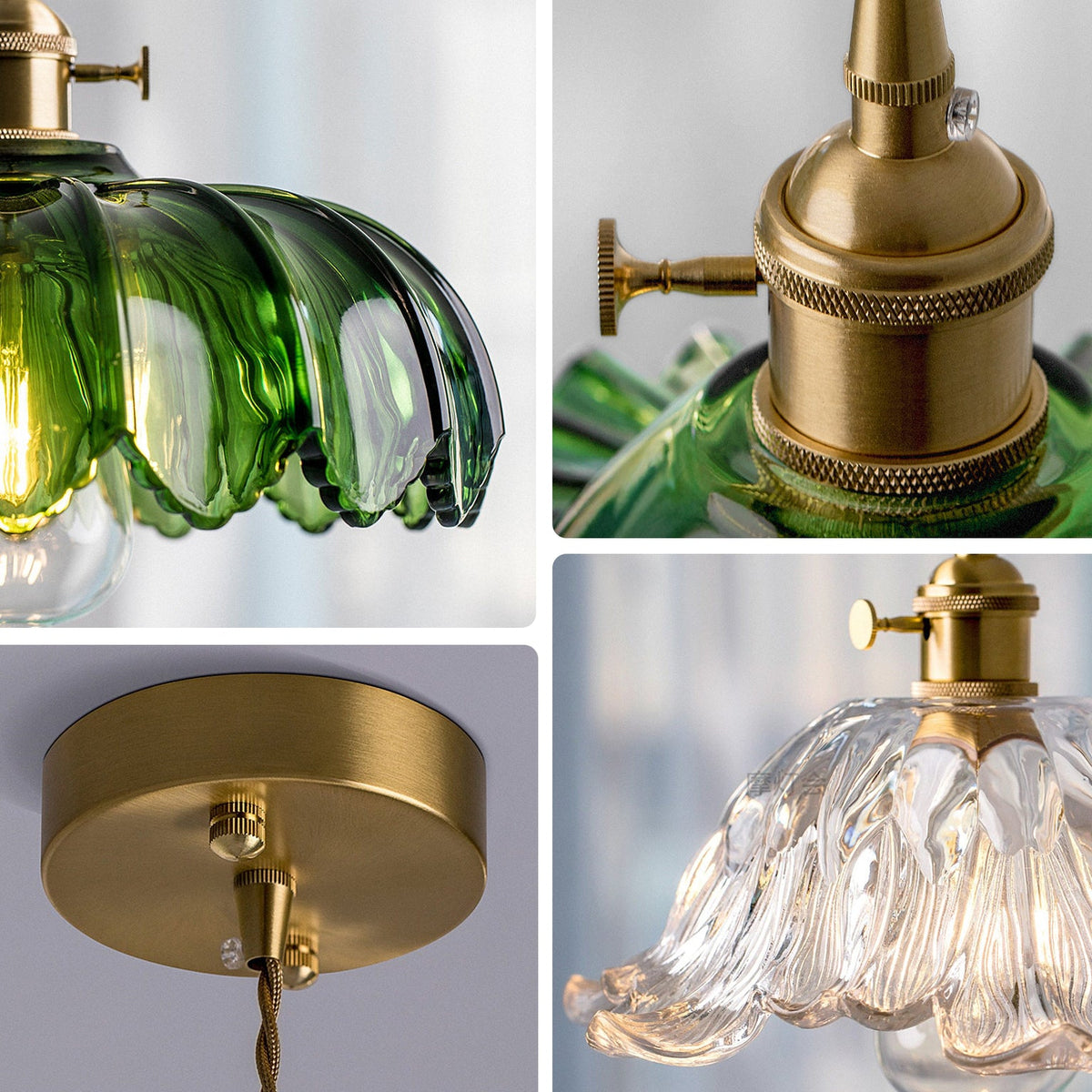 Three-shade pendant light with scalloped glass shades and brass-tone ceiling bar
