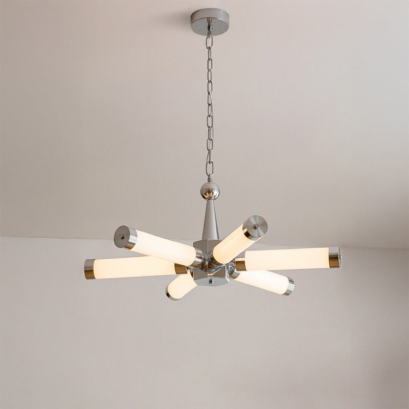 Chrome chandelier with multiple illuminated tube arms and chain suspension