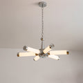 Chrome chandelier with multiple illuminated tube arms and chain suspension