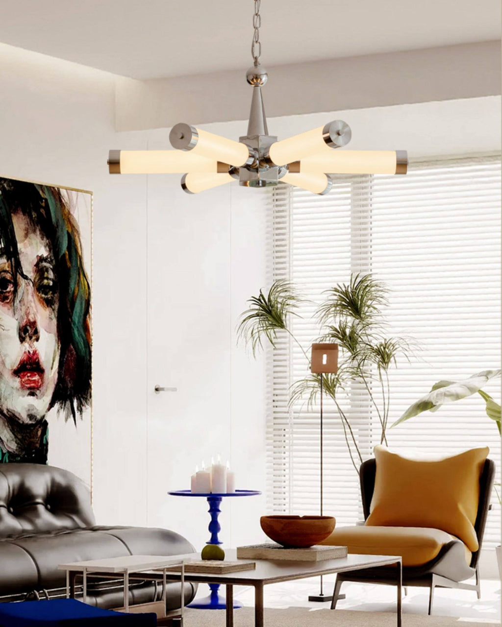 Chrome chandelier with multiple illuminated tube arms and chain suspension