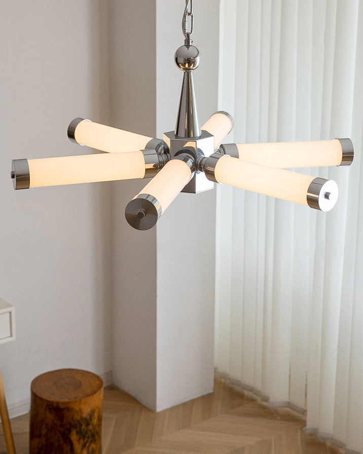 Chrome chandelier with multiple illuminated tube arms and chain suspension