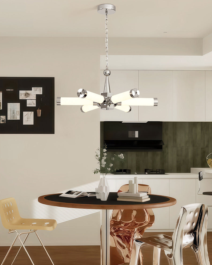Chrome chandelier with multiple illuminated tube arms and chain suspension
