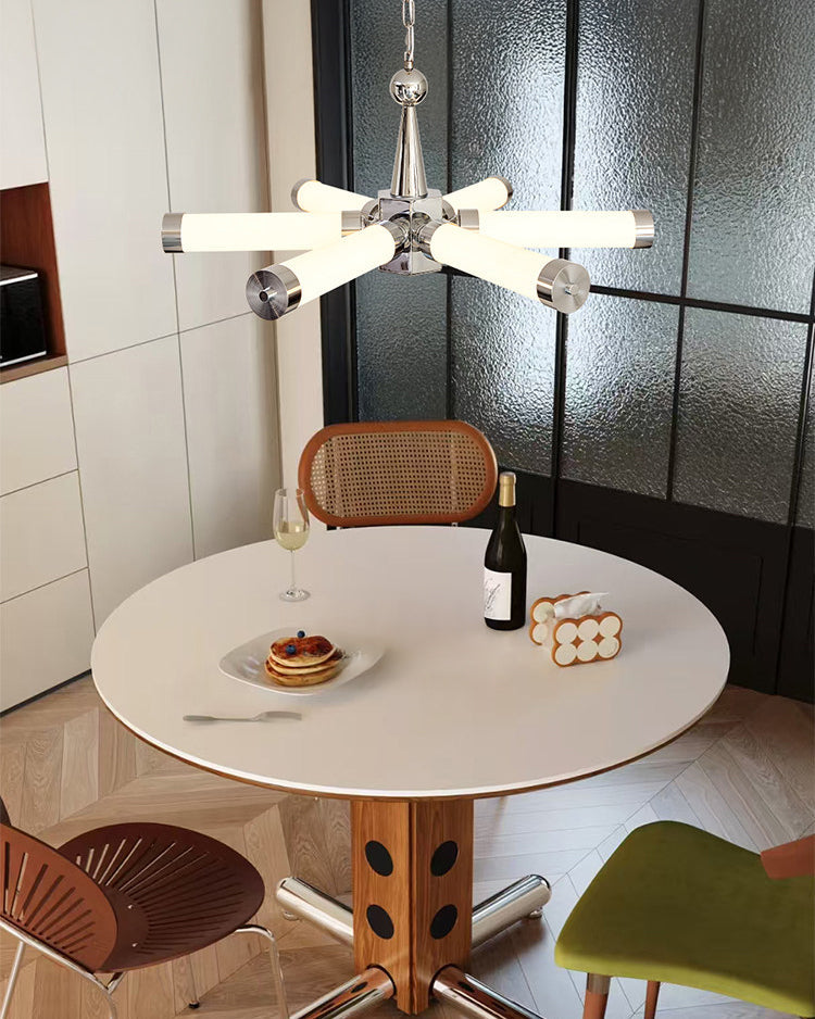 Chrome chandelier with multiple illuminated tube arms and chain suspension