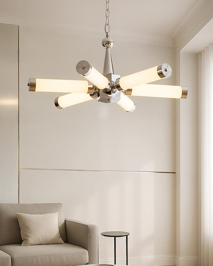 Chrome chandelier with multiple illuminated tube arms and chain suspension