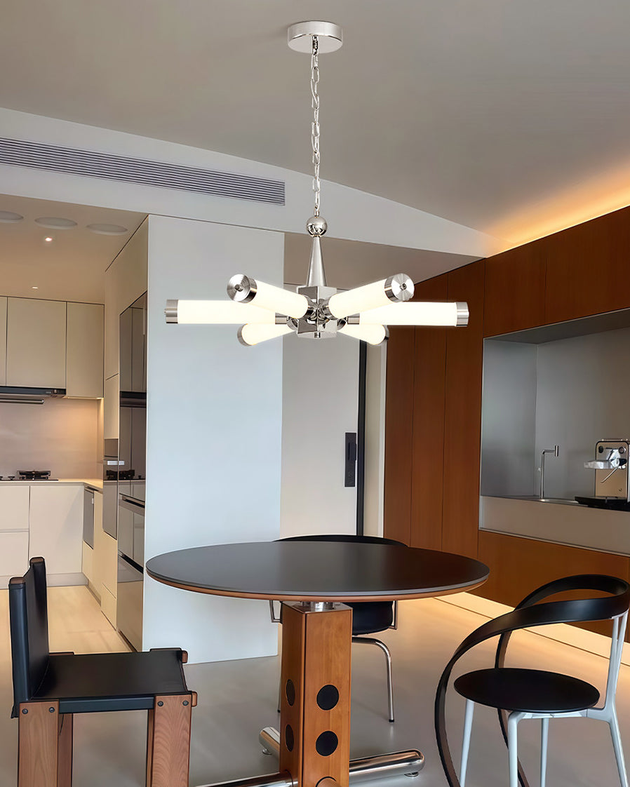 Chrome chandelier with multiple illuminated tube arms and chain suspension