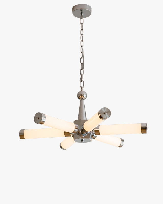 Chrome chandelier with multiple illuminated tube arms and chain suspension