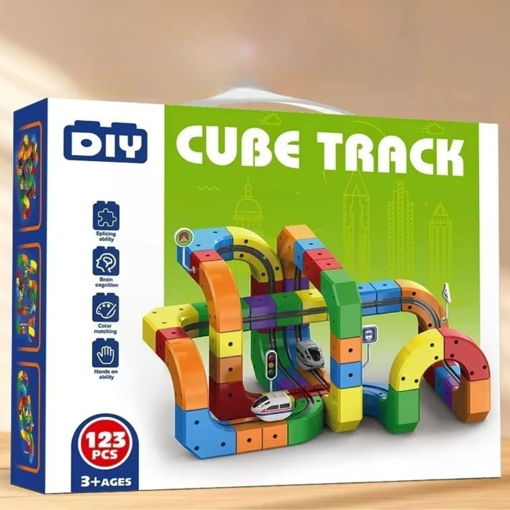 Colourful magnetic building track set with toy train, signs and accessories