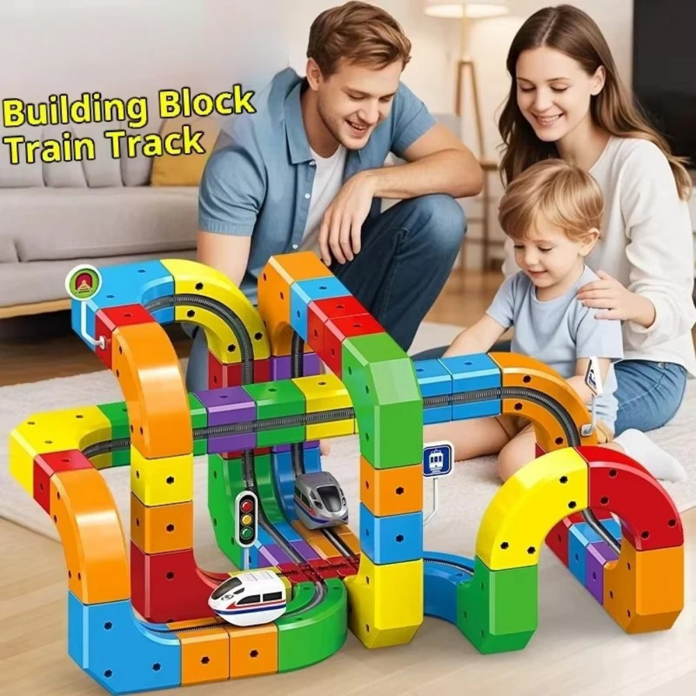 Colourful magnetic building track set with toy train, signs and accessories