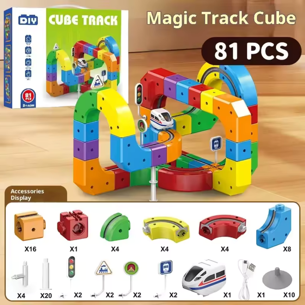 Colourful magnetic building track set with toy train, signs and accessories