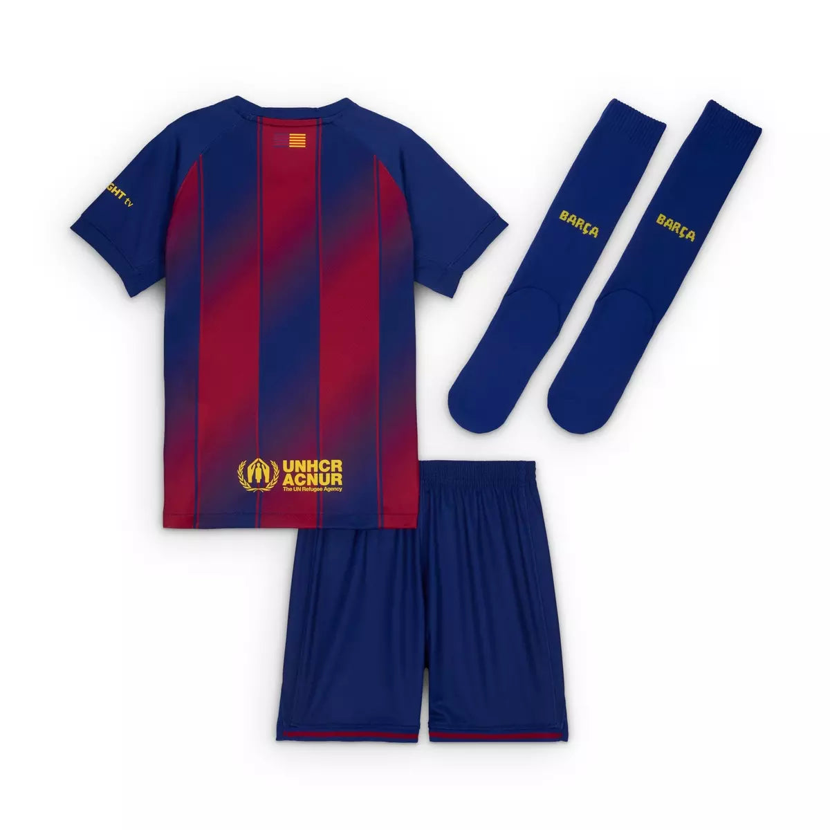 Kids blue and red striped Barcelona football shirt, shorts and socks set